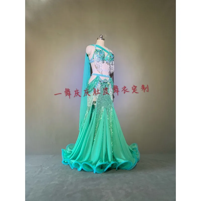 Costume de spectacle de danse du ventre personnalisé, taille haute, queue de poisson menthe, grande jupe, Costume de danse orientale, soutien-gorge de danse du ventre pour femmes
