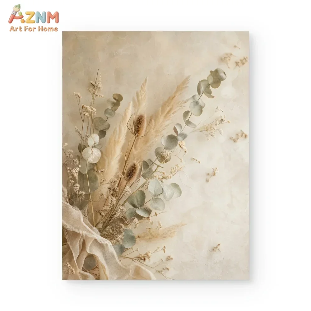 AZNM Neutral Dried Flower Canvas Wall Art, Boho Pampas Grass Eucalyptus Bouquet Print, Warm Beige Botanical Wabi Sabi Poster for
