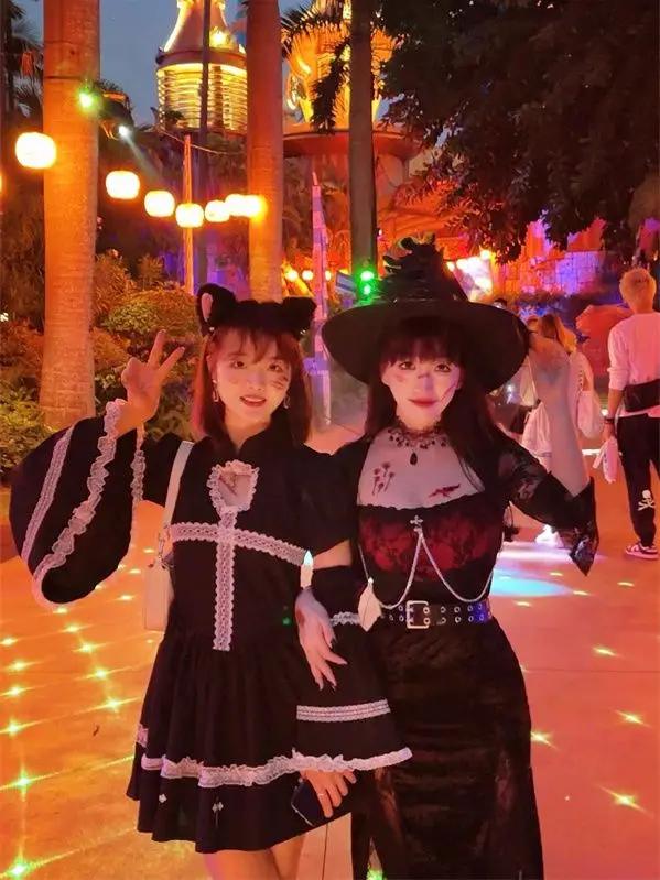 Vestido oscuro de manga larga con costuras de encaje estilo gótico para mujer, nuevo disfraz de Wansheng Cos para otoño