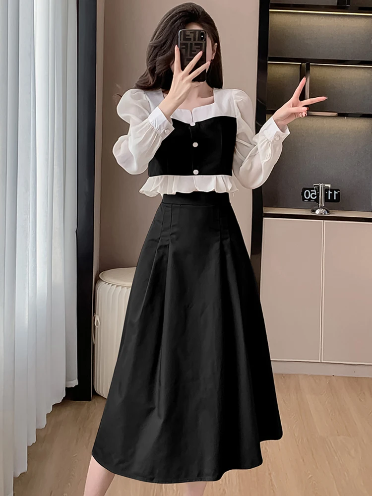

Autumn Fashion Women's 2 Pieces Set Elegant Chiffon Splicing Long Sleeve Ruffles Crop Tops + High Waist A-Line Skirt Suit