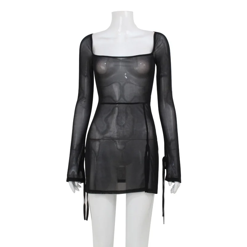 Women Sexy See Through Mesh Split Bodycon Mini Dress Square Neck Long Sleeve Summer Holiday Beach Bikini Cover Ups Clubwear