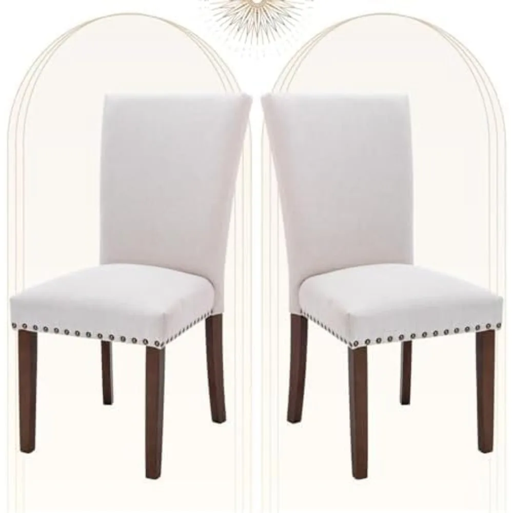 Cushioned Parsons Dining Chairs, Fabric Side Chairs, Nail Head Trims and Wooden Legs, 2 Pcs Set