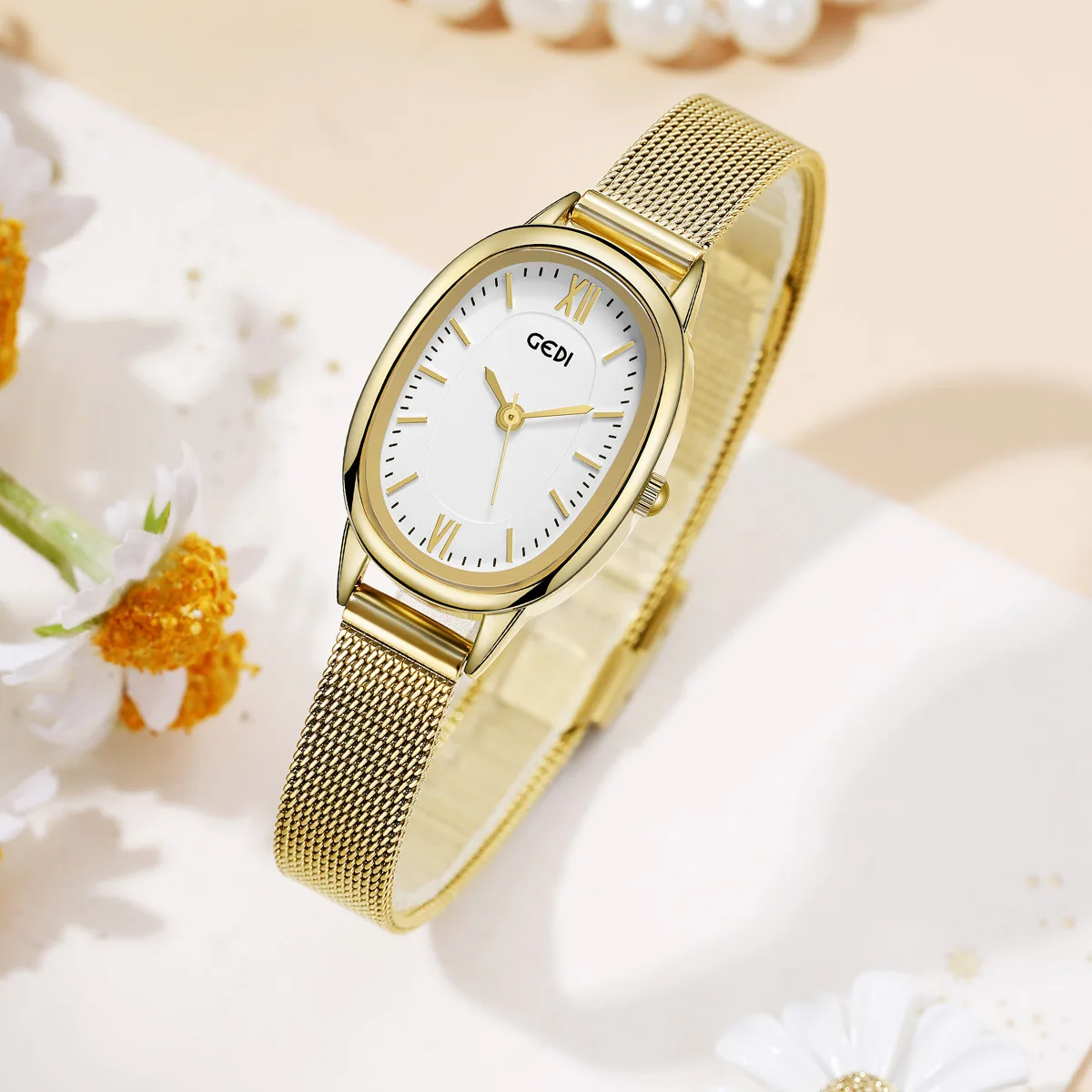 Women's watch simple and exquisite oval dial stainless steel mesh strap waterproof quartz watches for women