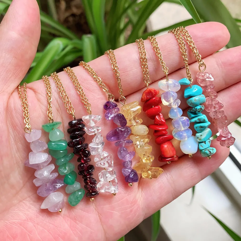 Irregular Natural Crystal Stone Necklace Ore Chips Tassel Charm Pendulum Pink Quartz Citrines Purple Crystal Pendant Necklace