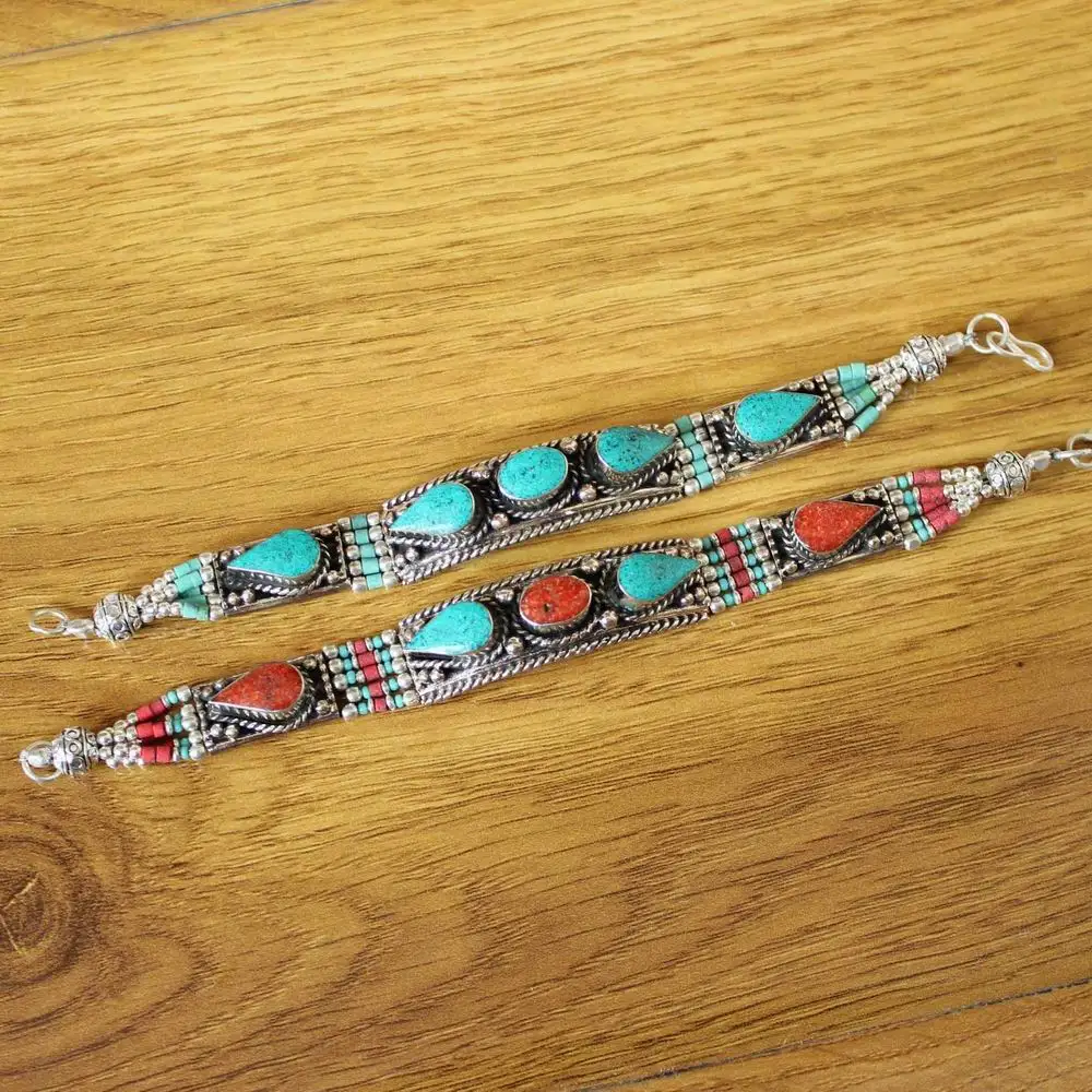 BR492 Nepal Jewelry Copper Inlaid Coral Turquoises Stone 15mm Width Clasp Bracelet Cuff For Women