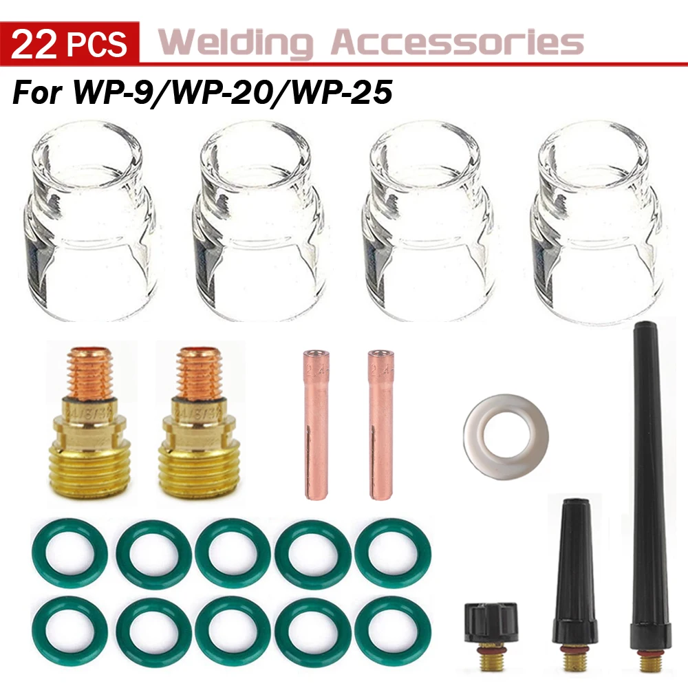 22Pcs TIG Welding Torch Stubby Gas Lens For WP9 WP20 WP25 TIG #12 Glass Cup Spares Kit Durable Practical Accessories