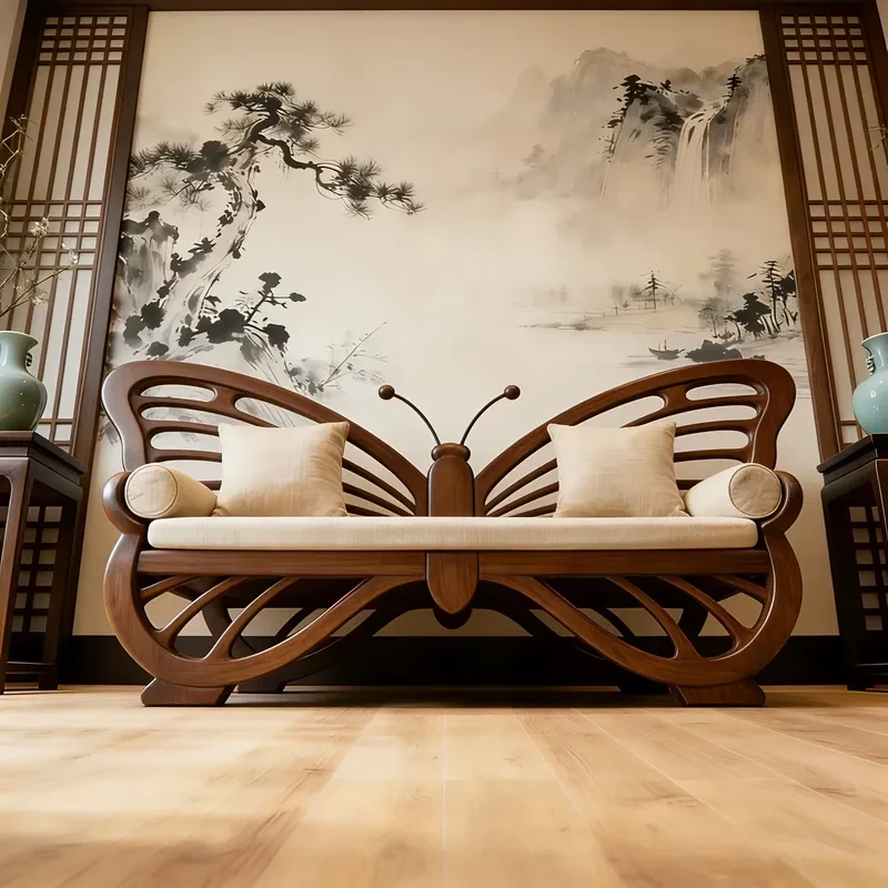 New Chinese Style North American Black Walnut Butterfly Shaped Solid Wood Sofa Linen Seat Cushion Hollow Design Living Room