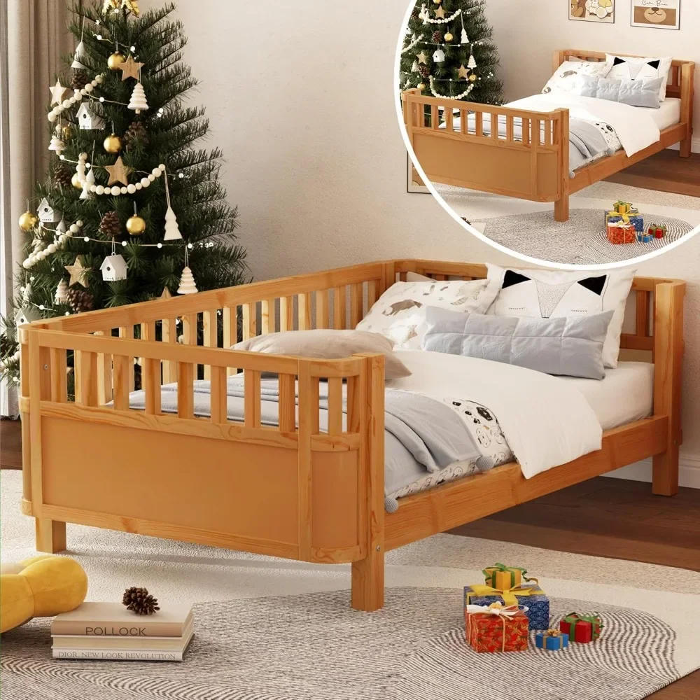 Twin Size Kids Bed with Rails, Wooden Low Montessori Bed Frame with Slats Support, Modern Twin Daybed with Detachable Side Rails