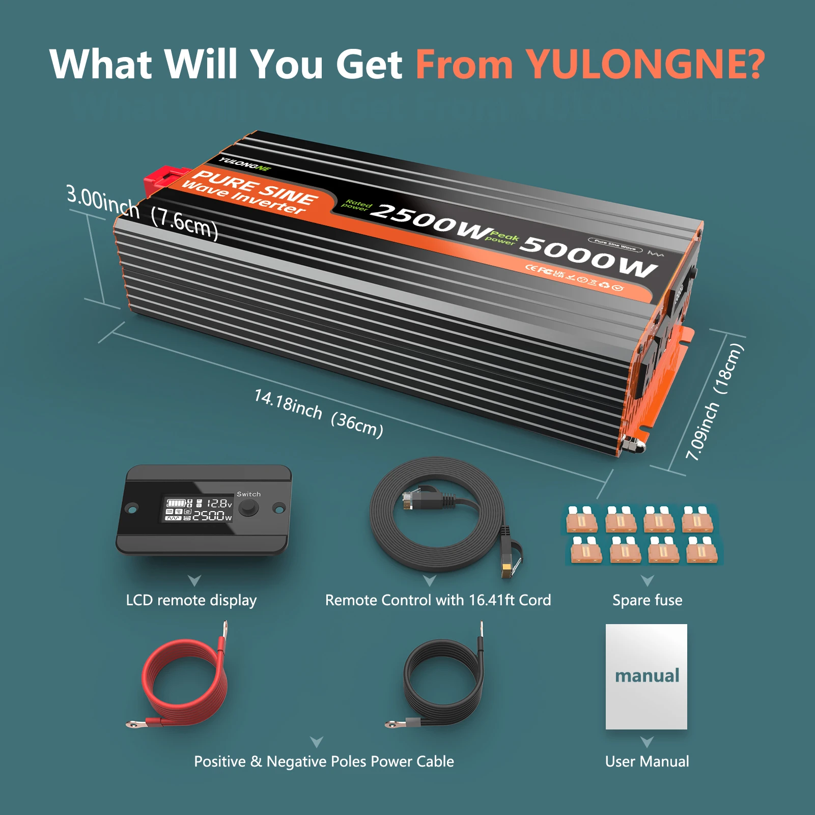 YULONGNE 2500W Pure Sine Wave Power Conversion Inverter, Peak 5000W 12V to 110V AC Inverter with Wired Remote Controller, Clear LCD Digital Display, USB‑C Fast Charge for RV, Truck, Solar System and Home Power‑Failure Backup