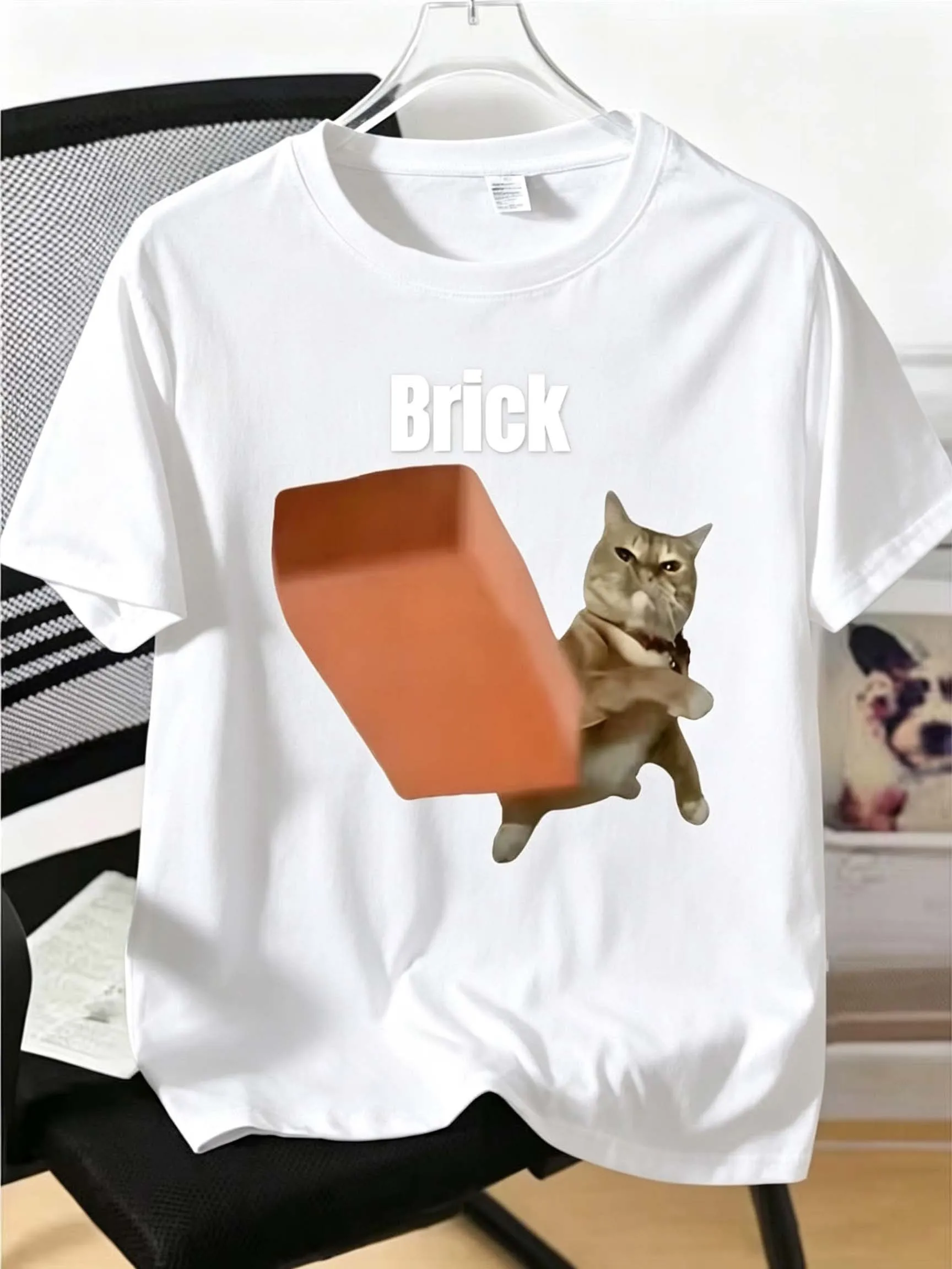 Funny Animal Design Graphic T Shirt Cat Brick Print Streetwear Top Short Sleeve Creative Novelty Everyday Outfit Fashion