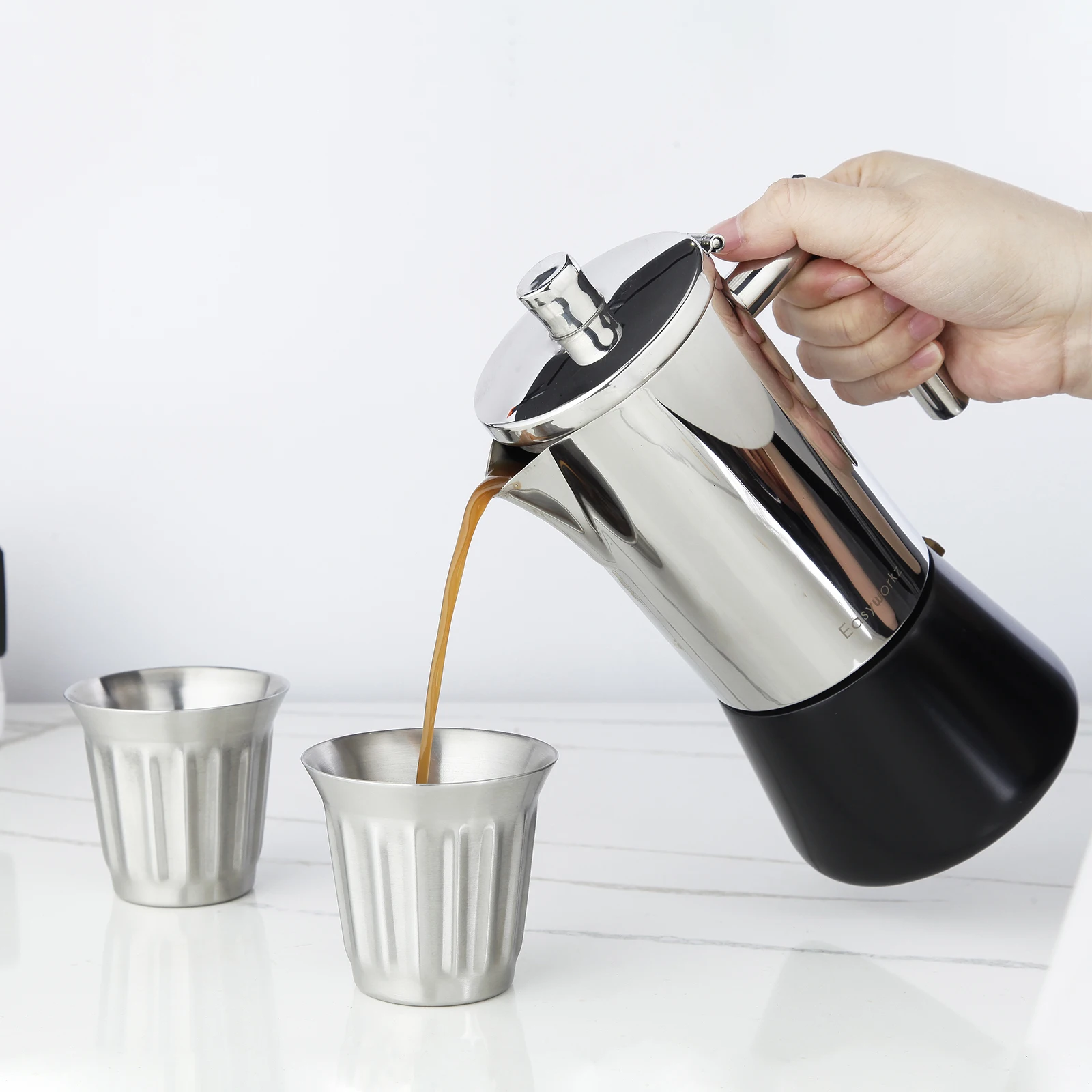 Easyworkz Stainless Steel Double-Wall Espresso Cups 5 oz/150 ml Set of 2, Vertical Stripe Design