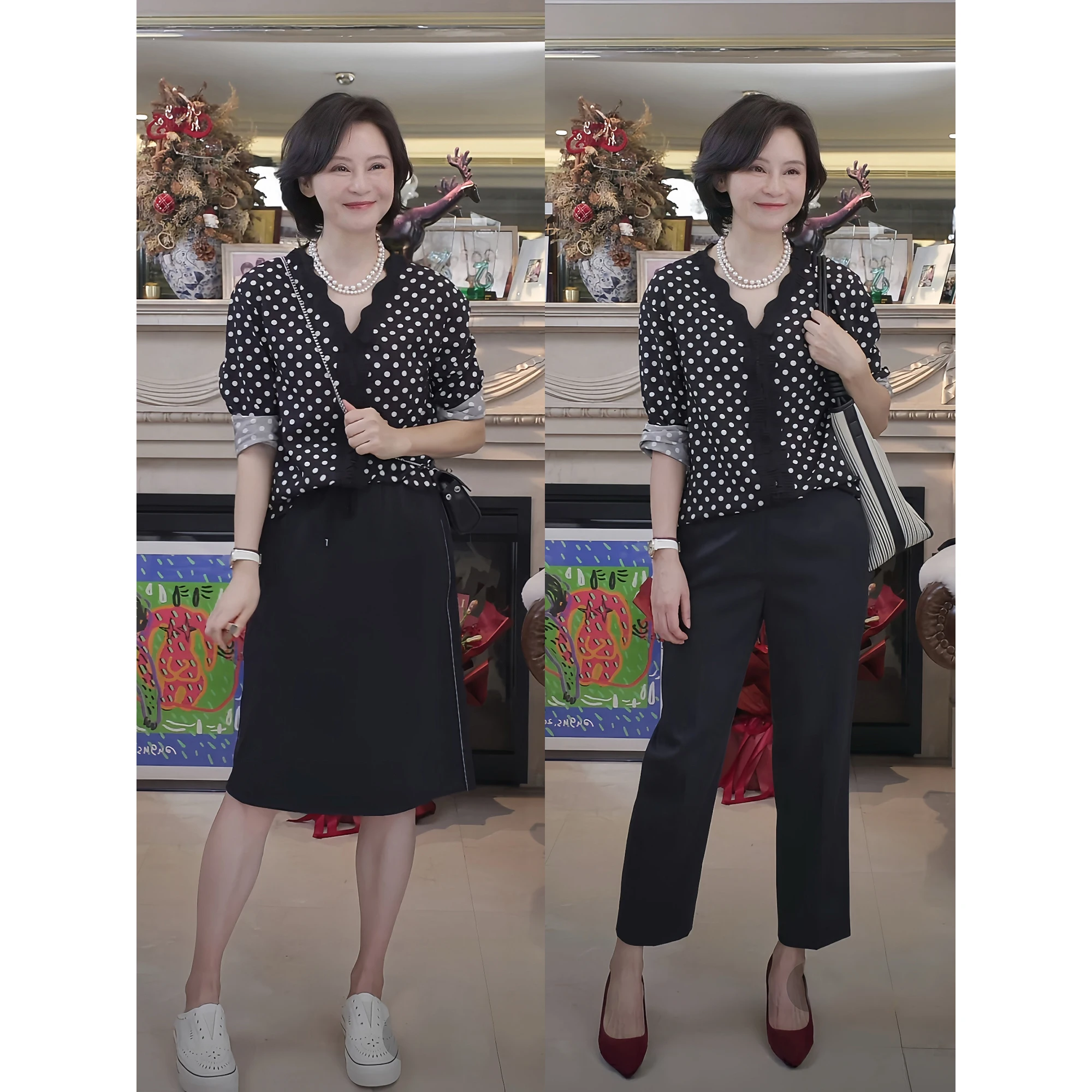 

Женская блузка для ранней осени с V-образным вырезом, длинными рукавами, в черно-белый горошек, плиссированная, с оборками, свободного кроя, удобная, для повседневной носки