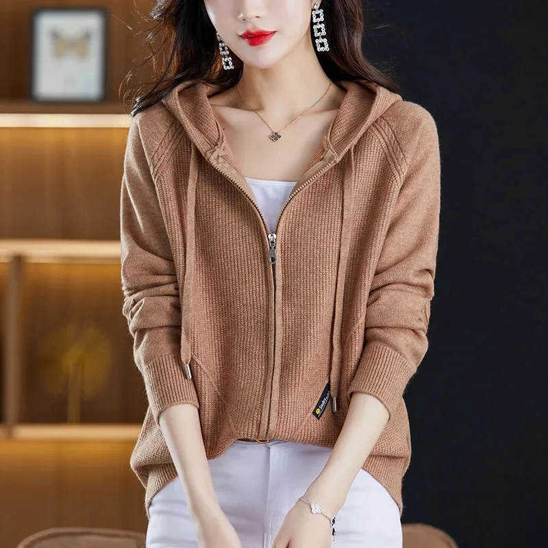 Spring Autumn Knitted Sweater Cardigan Jacket Women Solid Hooded Zipper Sweater Coat Female Knitwear Casual Tops Female Jackets