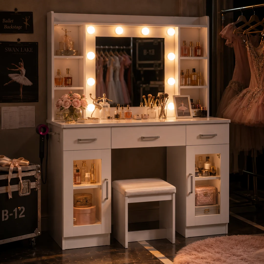 Coiffeuse professionnelle blanche avec miroir LED Hollywood à 3 couleurs de lumière réglables pour scène, séances photo et maquillage en studio, livrée avec un tabouret et 9 tiroirs