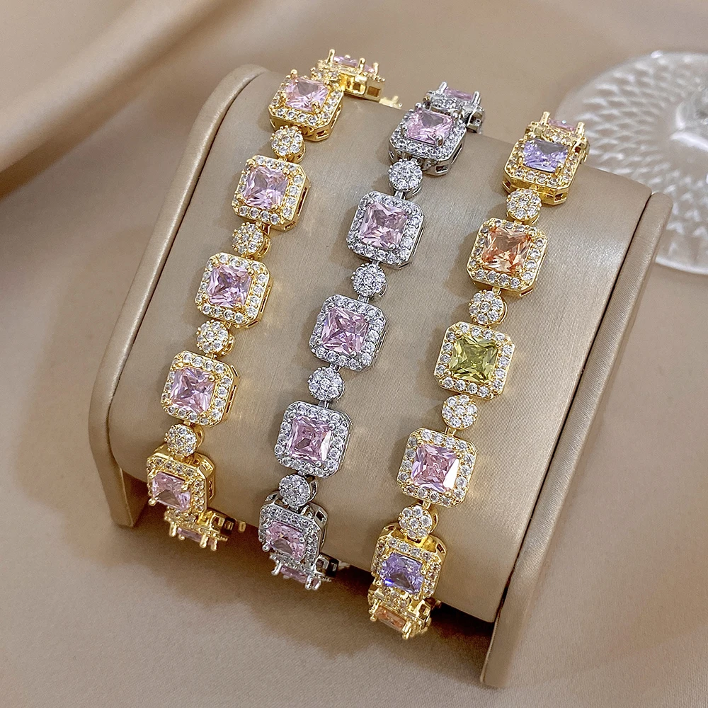 Greatera Damen-Armband aus Kupfer, zierliche, farbenfrohe, quadratische Zirkon-Handkette, Party, trendiger, romantischer, wasserdichter Schmuck – Detail 2