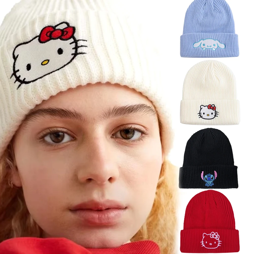 Hello Kitty Winter Knitted Cap Cute Stitch Cartoon Cinnamoroll Warm Stretchy Hats Outdoor Sports Hat Winter Beanie Hat Gifts