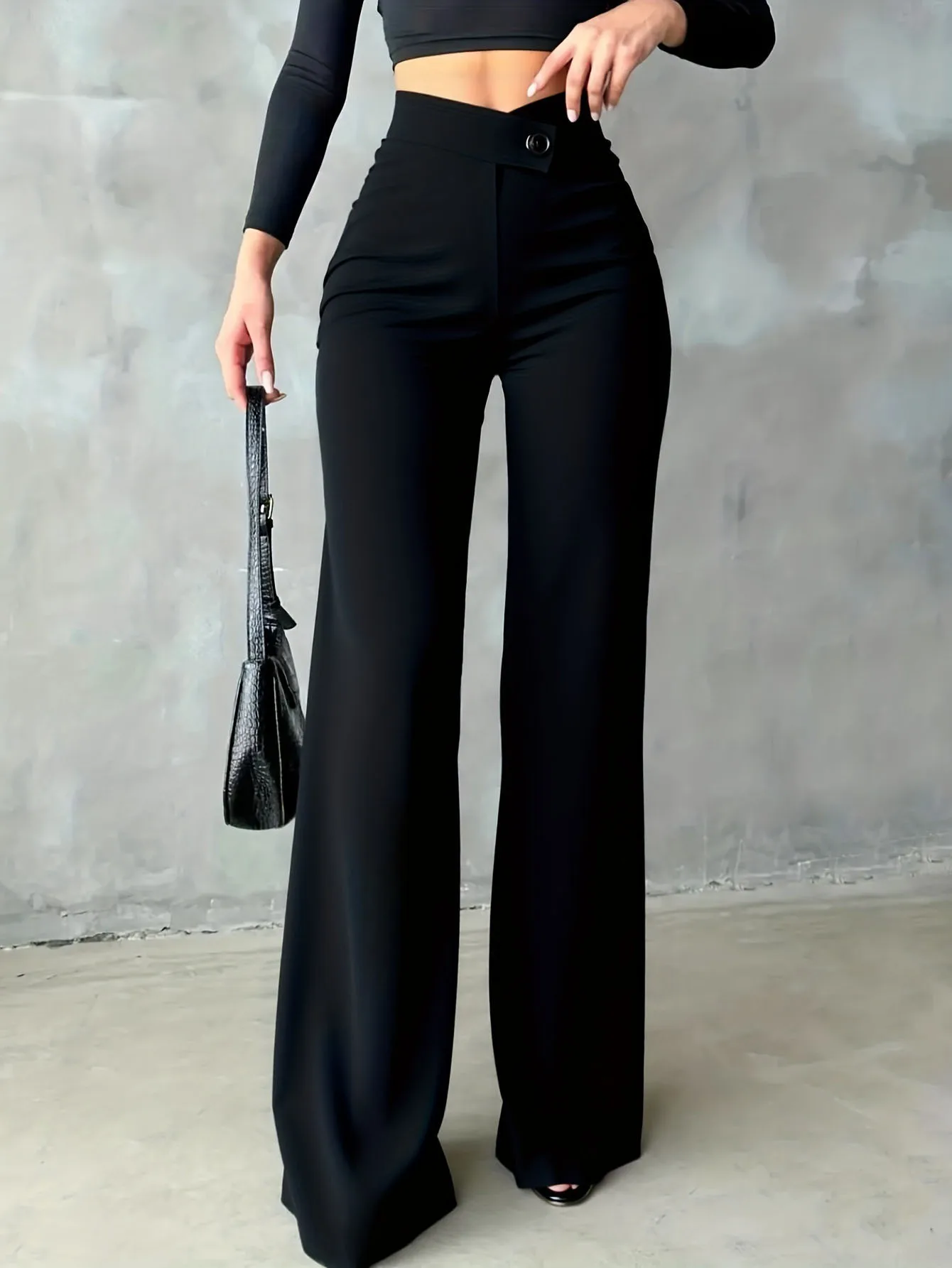 New European American Women High Waist Cross Waist Straight Pants Solid Drapey Wide Leg Trousers Slim Commuter Versatile Casual