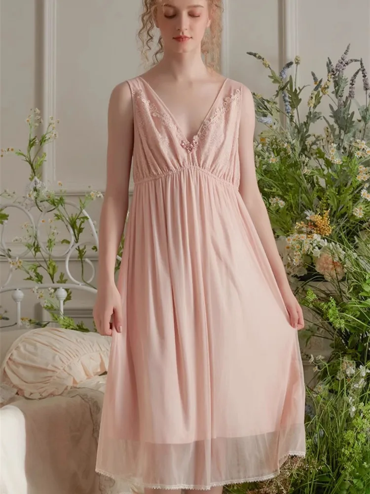 Sexy Deep V-neck Ice Silk Sleveless Nightgowns For Lady  Soft Lace Sleepwear Loose Royal  Summer Dress