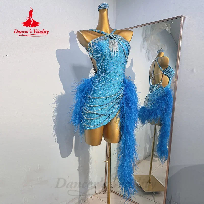 Latein-Tanz-Wettbewerbskleider, hochwertiges, maßgeschneidertes Luxus-Strass-Federkleid für Erwachsene und Kinder, lateinamerikanisches Performance-Kostüm