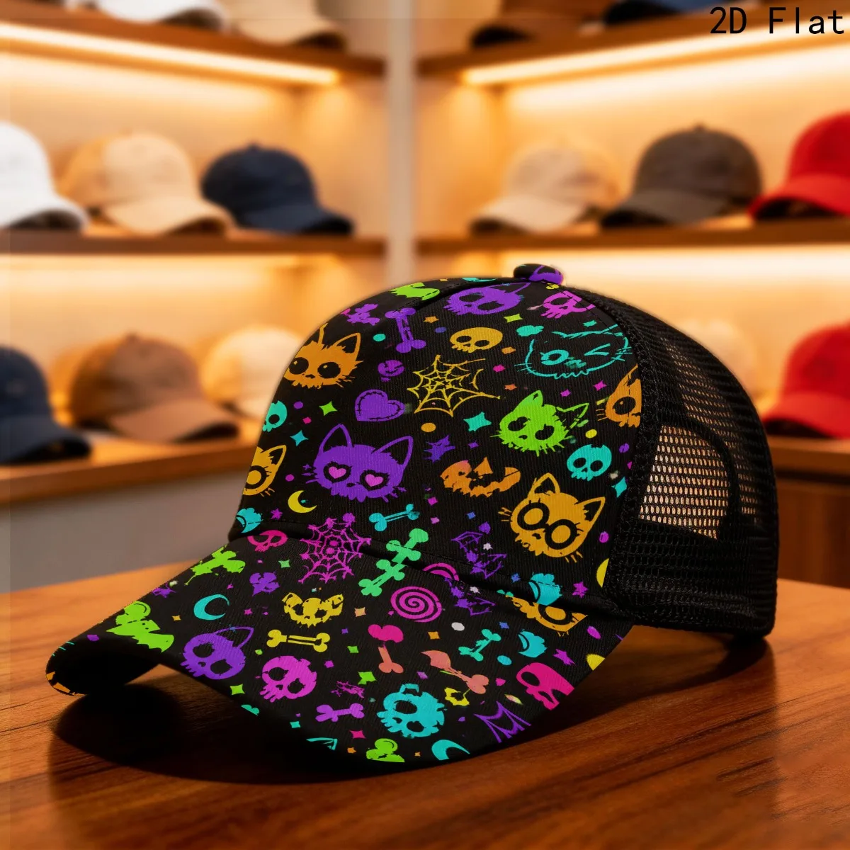 Neon Skull Cap with 5-Panel Clip-Fit Design Semi-Mesh Brim Lightweight Snapback Hat Suitable for Halloween