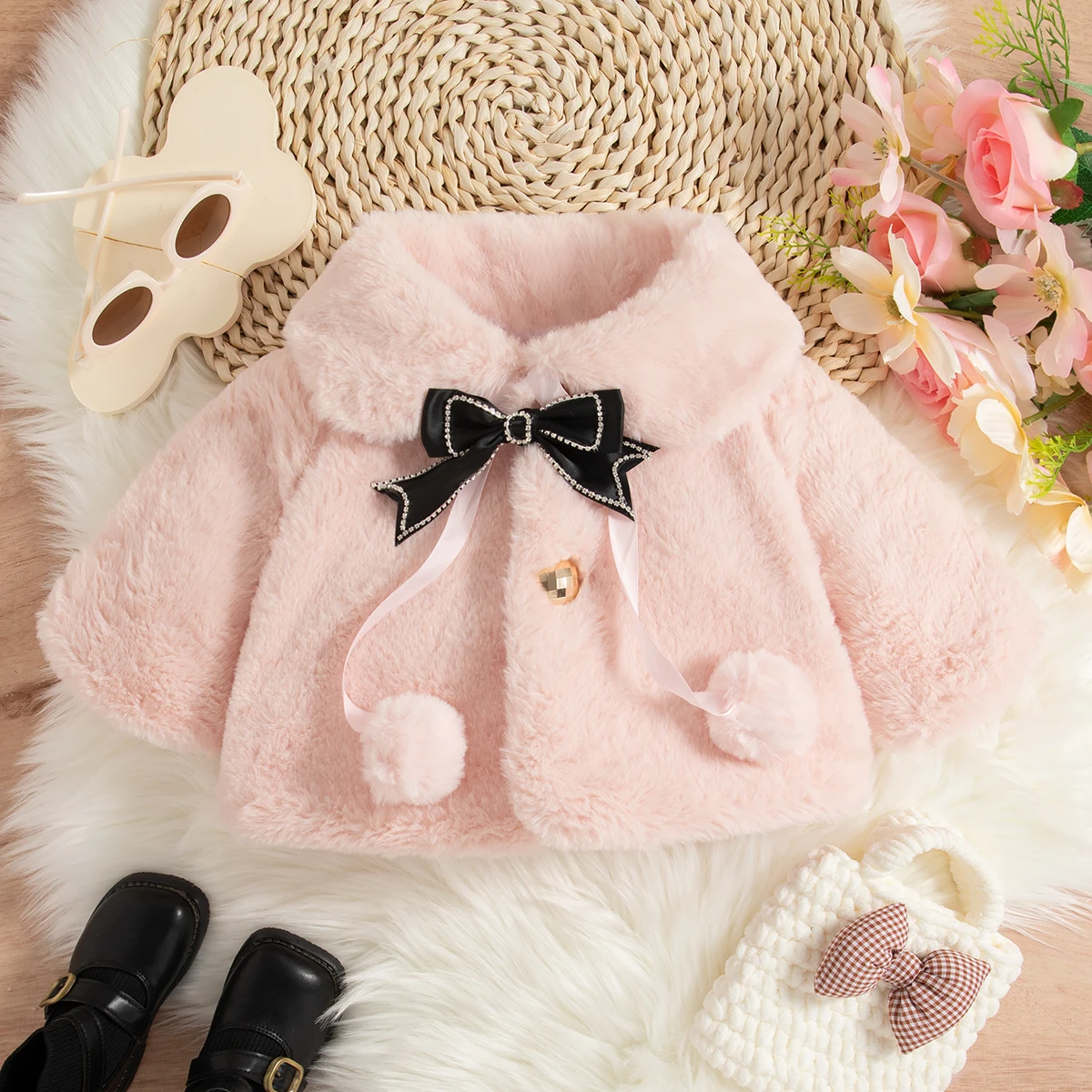 Winter Baby Girl Pink Shawl Doll Collar Bow Solid Color Button Plush Coat Warm Outfit for Girls Daily Casual Clothes