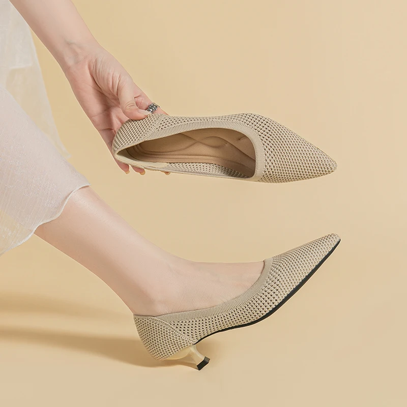 Talons hauts en maille respirante pour femme, semelle en caoutchouc anti-ald, chaussure pointue à la mode, douce et légère, été, nouveau, 107, 2024