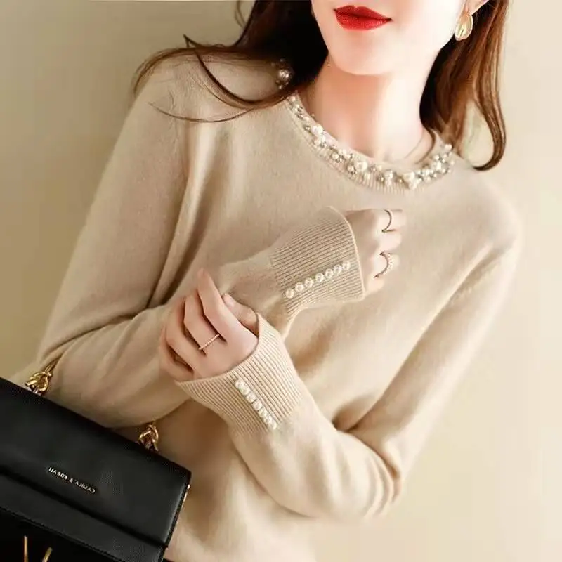 Simplicity Elegant Beading Patchwork Women\'s Sweaters Autumn Winter Fashion Temperament Round Neck Solid Color Knitted Tops