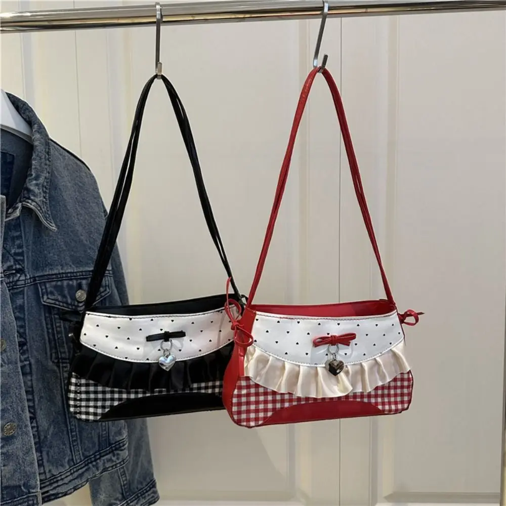 

Fashion French Lace Bow Shoulder Bag Sweet PU Polka Dot Handbag Y2K Large Capacity Armpit Bag Girls