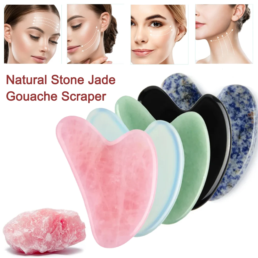 100% Natural Stone Jade Gouache Scraper Rose Quartz Facial Gua Sha Tools Neck Massager for Face Lifting Wrinkle Remover