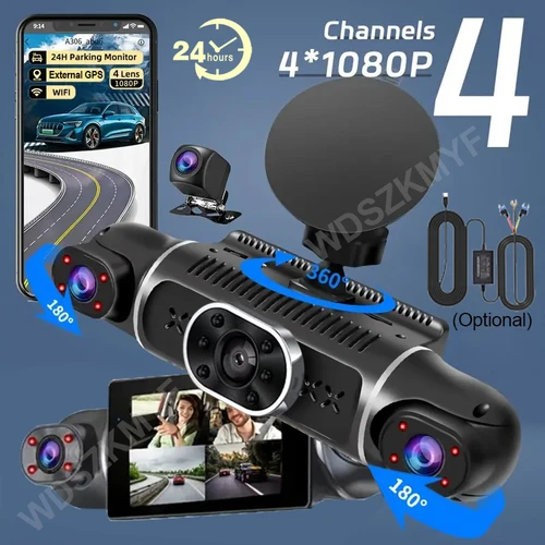 Grabador de vídeo Dvr GPS 1080P para coche de 4 canales, aplicación WiFi de 360 grados, cámara de salpicadero, Monitor de estacionamiento 24h, cámara de visión trasera, grabadora para coche
