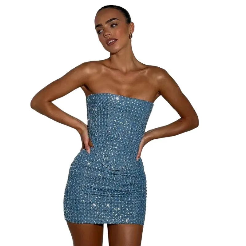 Fashion Sequin Tube Top Suit New Dress Sets for Women 2 Pieces Female Clothing Women\'s Clothing Trend 2024 Matching Skirt