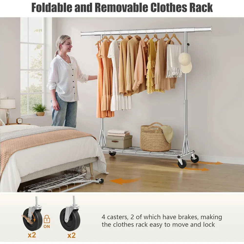 Appendiabiti in metallo resistente con capacità di 530 libbre, può contenere 200 pezzi, pieghevole, portaoggetti portatile con ruote