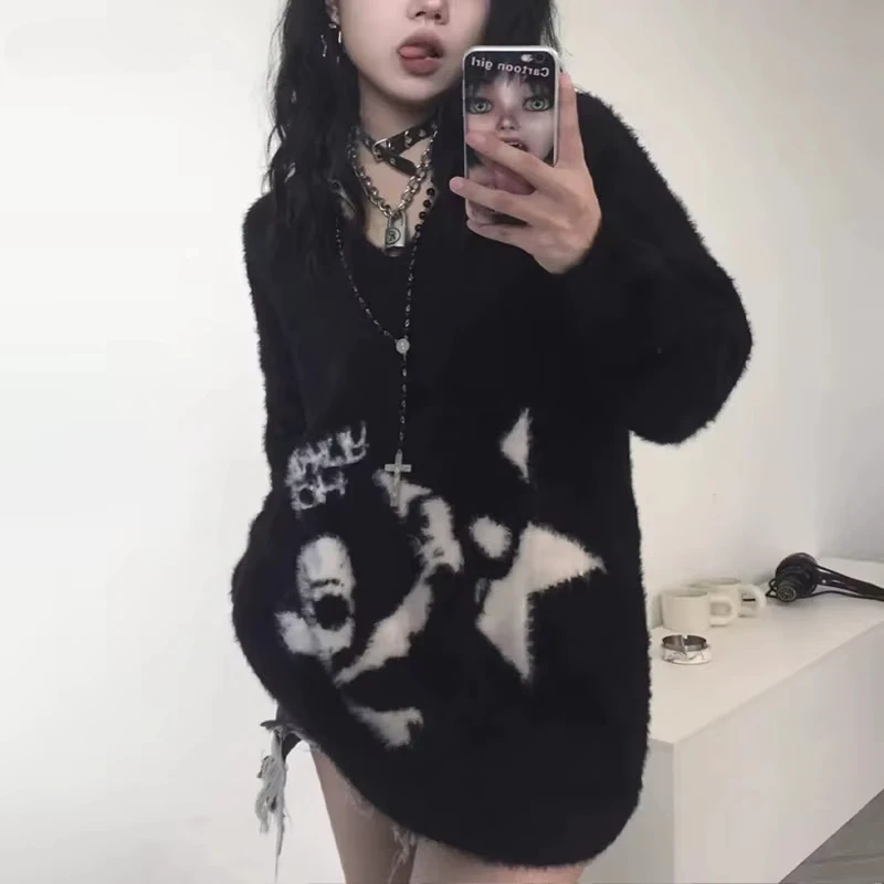 Harajuku Loose Mohair Pullover Emo Knitwear Y2k Subculture Black Gothic Skulls Sweater Grunge Aesthetics Knitted Jumper V-neck