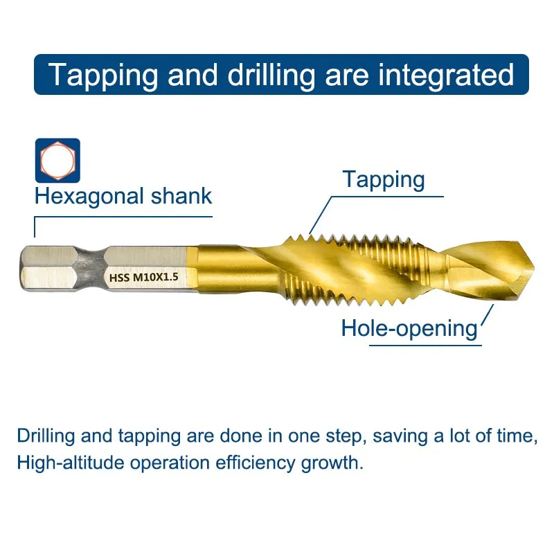 XCAN Taps Combined Tap and Drill Set HSS Hex Shank Metric Tap Machine Plug Tap Thread Tap Drill Hand Tools M3 M4 M5 M6 M8 10 M12