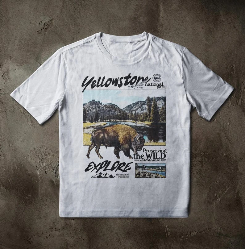 Retro Yellowstone Bison T-shirt American Wilderness Retro Pattern Shirt Loose Fit Casual Unisex Streetwear Shirt