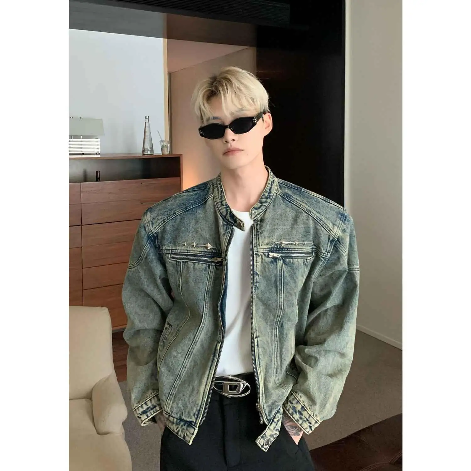 Men's Collarless Retro Punk Denim Jacket Y2k Autumn Cool Boys Street Cardigan Male 90s Zipper Long Sleeved Coat