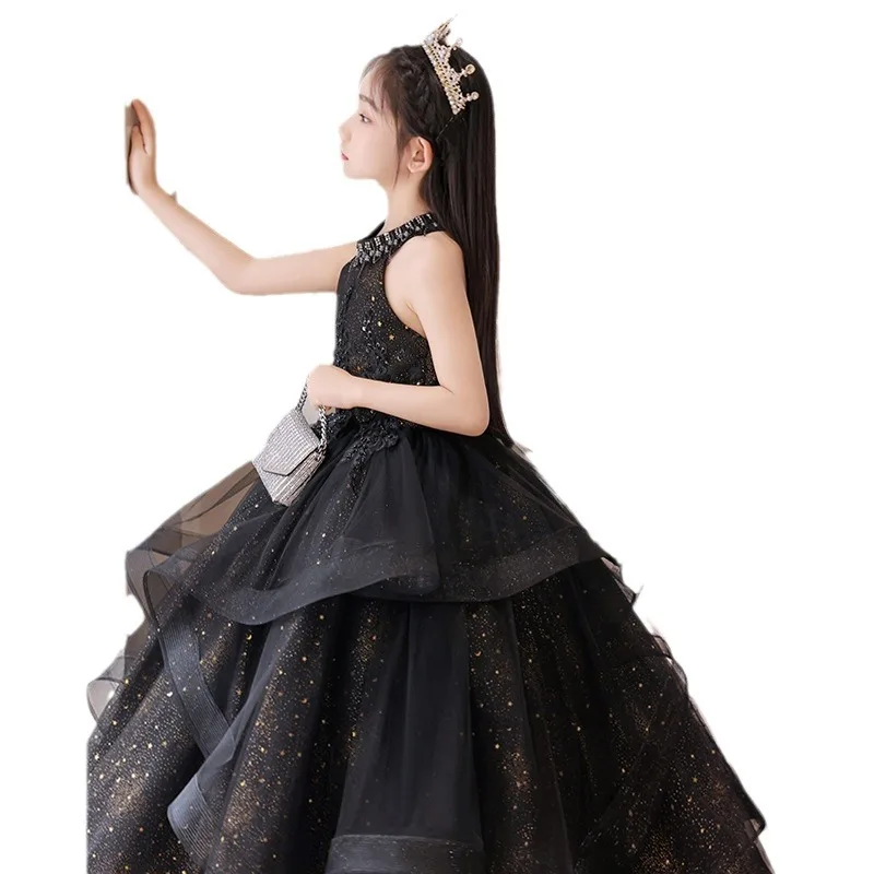 Flower Girl Wedding Party Dresses New 2025 Black Girls Summer Dress Long Birthday Sleeveless Tutu Performance Gowns Customized