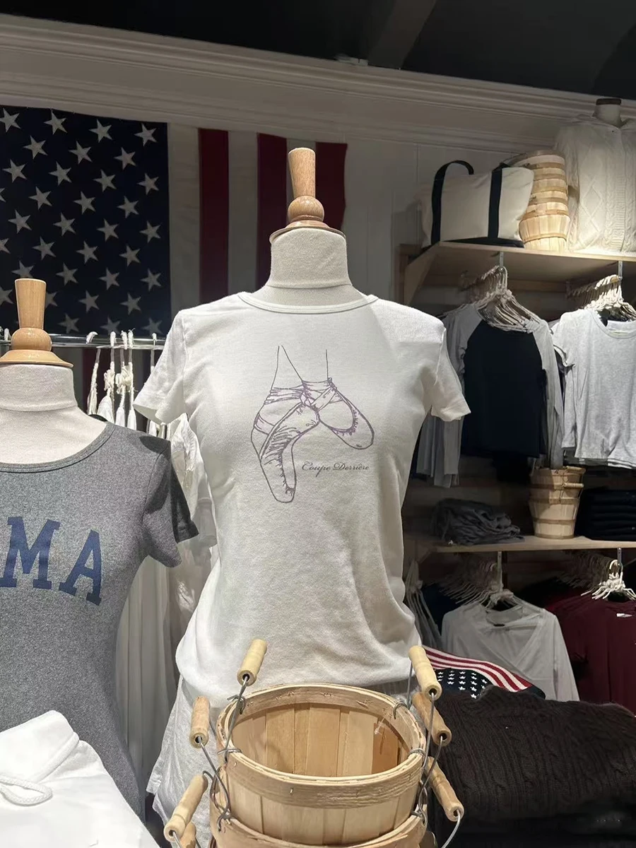 Ballet Shoes Print Slim T-shirt Woman Summer Round Neck Cotton Short Sleeve Tee Shirt Female Vintage Sweet Cute Crop Tops Y2k