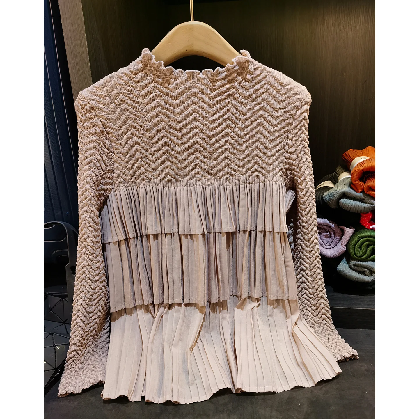 Elegant Ruffled Pleated Long Sleeved Women T-shirt 2026 Spring New Item Solid Color Loose and Versatile Fashion Female Top