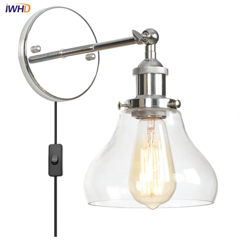 

IWHD Plug In Loft LED Wall Lamps Indoor Kitchen Hotel Balcony Industrial Vintage Silver Clear Glass Bedroom Bedside Lamp Lampara