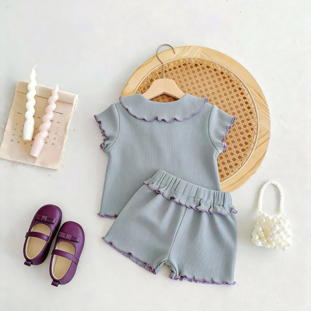 Girls Baby 2Pcs Peter Pan Collar Bow Short Sleeve T-shirts+Shorts Kids Outfit Suits Summer Thin Ribbed Knit Children Clothes Set 4