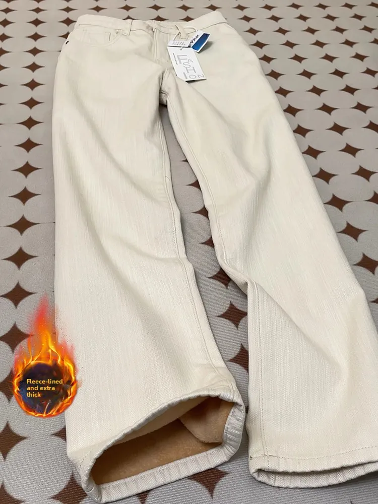 กางเกงยีนส์เอวสูงทรงตรง ผ้าเดนิมเนื้อเทียน  สำหรับผู้หญิง  คอลเลคชั่นฤดูใบไม้ร่วง-ฤดูหนาว  ทรงขากว้าง  รุ่นใหม่