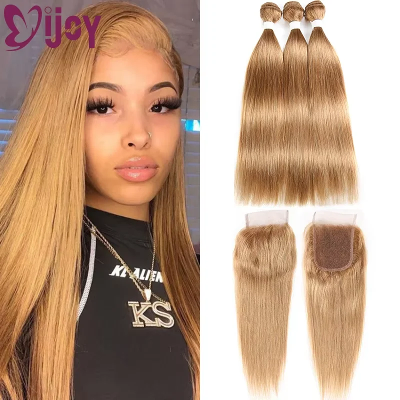 Pacotes de cabelo humano reto com fechamento brasileiro remy cabelo 3/4 pacotes com fechamento 4x4 mel loira pacotes com fecho ijoy