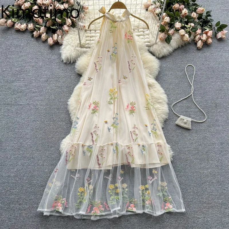 Kimotimo Floral Sweet Beach Long Dress Women Mesh Embroidery Design Halter Sleeveless Off Shoulder Fashion Dresses Summer Robes