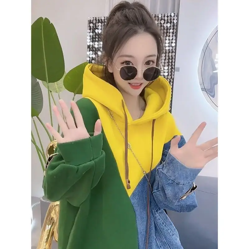 Women Trendy Contrast Color Patchwork Oversize Streetwear Hooded Sweatshirts Y2K Korean Casual Chic Long Sleeve Pullover Hoodies