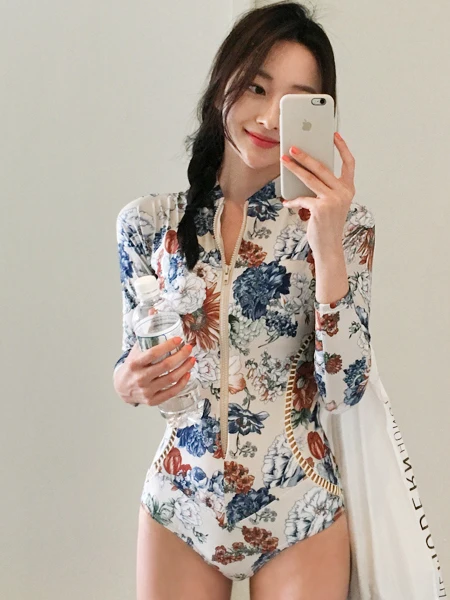 

Новый женский купальник для коррекции фигуры с длинным рукавом на молнии, скромный, удлиняющий ноги, с цветочным принтом