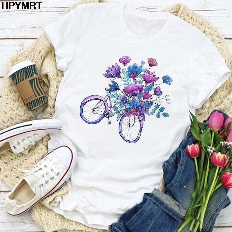 Flower bike Print Women tshirt Short Sleeve Clothes Ladies Womens T Shirt Graphic Tops Clothing fashion Female T-shirts woman