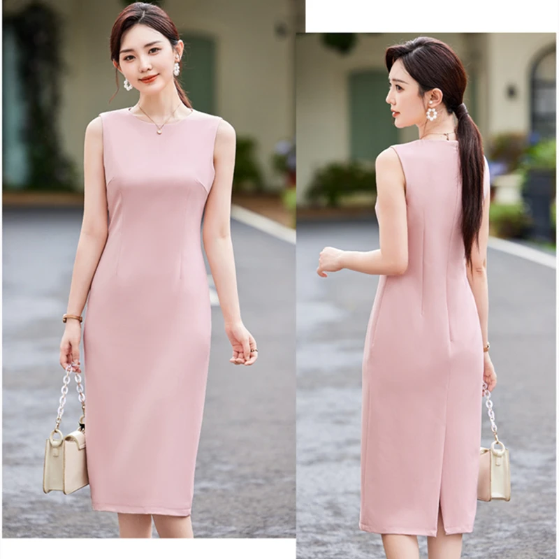 Office Suit Women High Quality Formal Blazer + Sleeveless Dress Elegant 2 Piece Suit Commuter Career Set Pink/Blue/Black Jacket