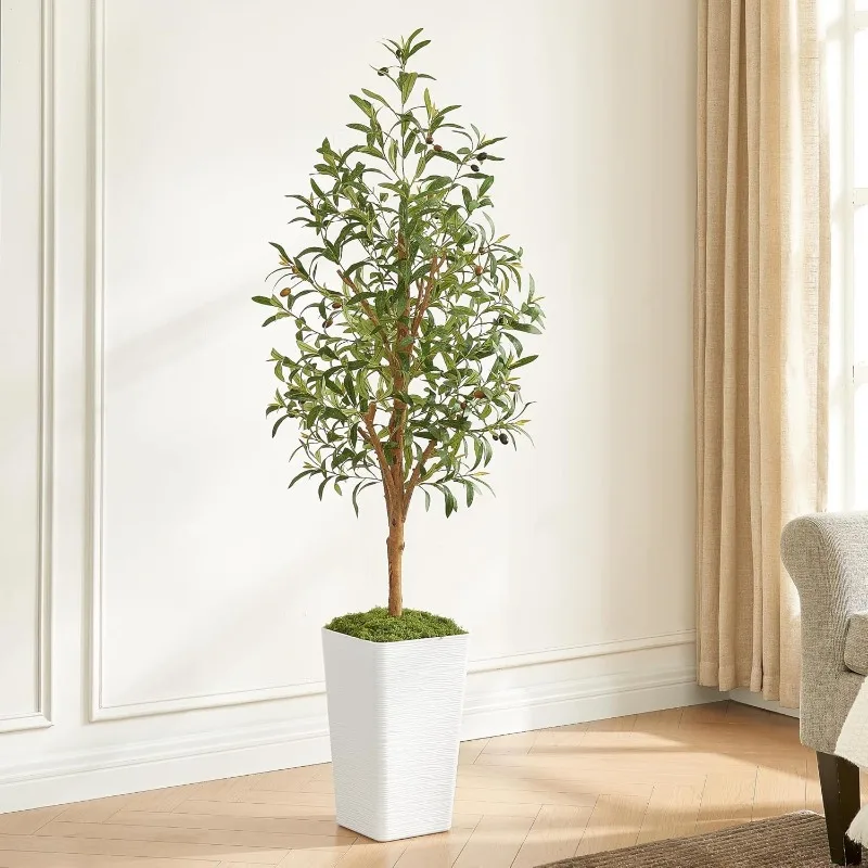 Olive Trees Artificial Indoor,  Tall Faux Olive Tree with White Tall Taper Planter, Fake Plants with Natural Wood Trunk