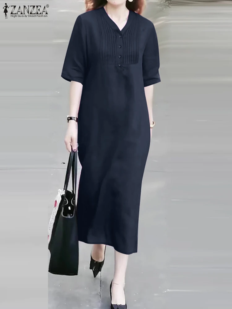 

ZANZEA Pintuck Pleated-Bib Midi Dresses Casual Short Sleeve Commute V-Neck Long Robes Femme Solid Women 2025 Summer Vestidos